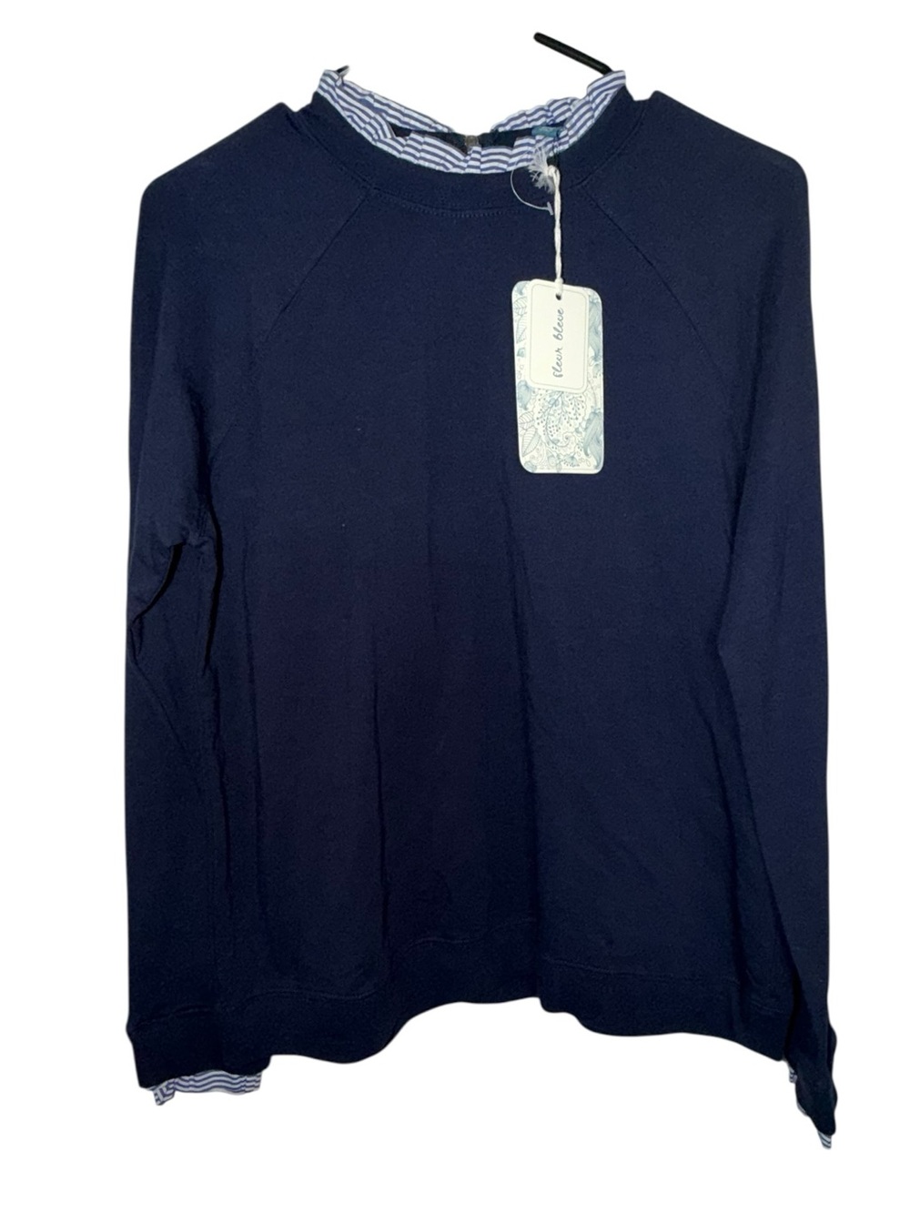 Fleur Bleue Navy Crewneck Sweater with Stripe-Trim Mock Collar